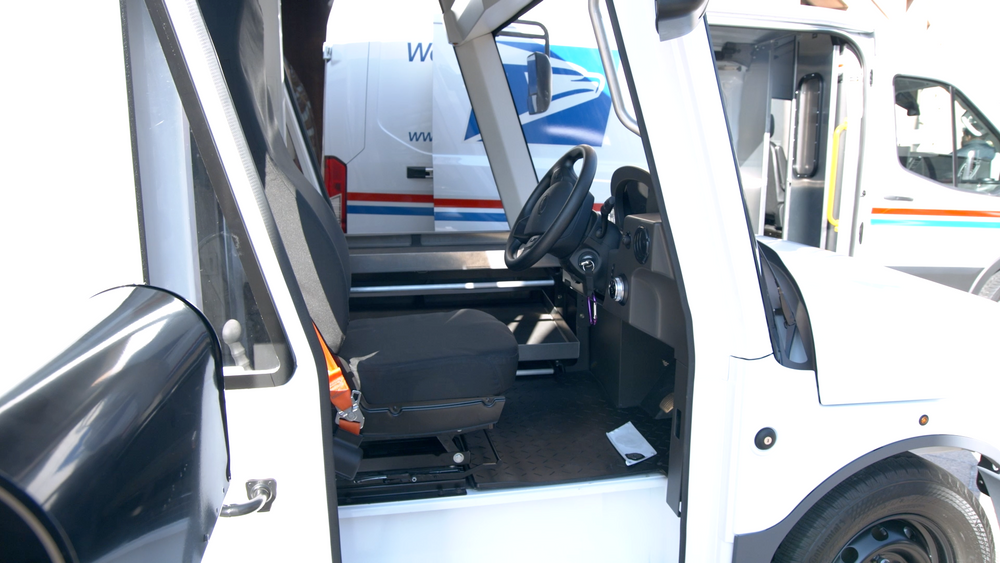 Inside of Electric USPS delivery van